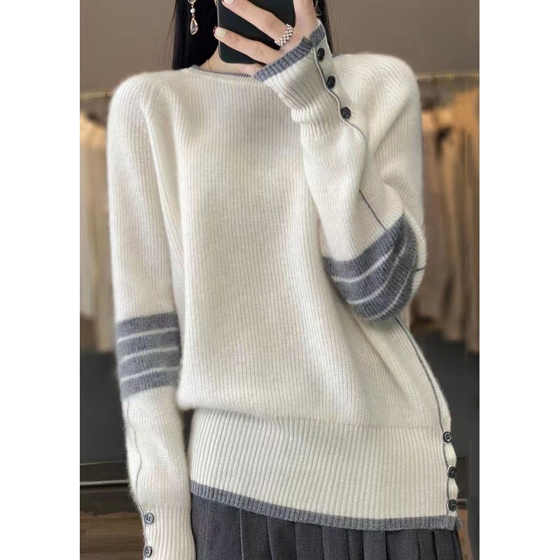 French White O Neck Button Cozy Cotton Knit Sweaters Long Sleeve
