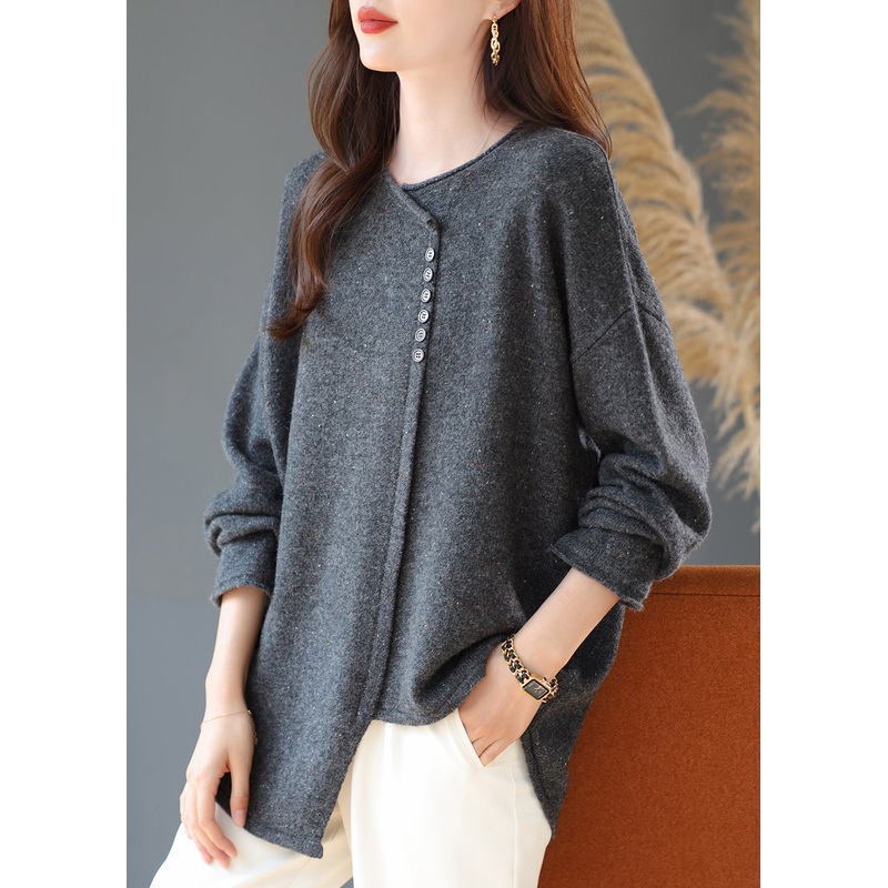 Handmade Grey Asymmetrical Patchwork Wool Knitted Tops Winter