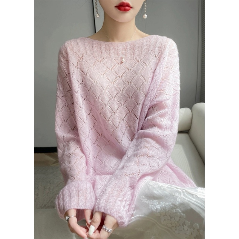 Italian Pink O Neck Hollow Out Cozy Knit Sweaters Spring
