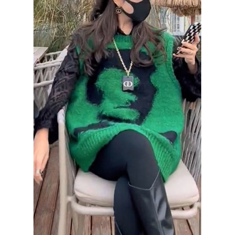 Jacquard Green O Neck Cozy Knit Waistcoat Sleeveless