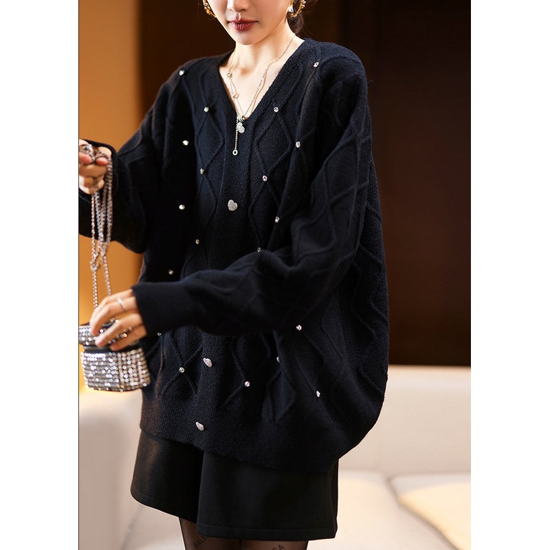 Loose Black V Neck Zircon Patchwork Cotton Knit Sweaters Long Sleeve