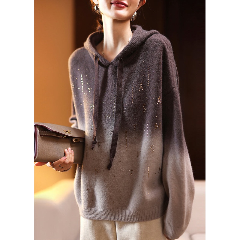 Loose Coffee Gradient Color Hooded Zircon Cotton Knit Top Spring