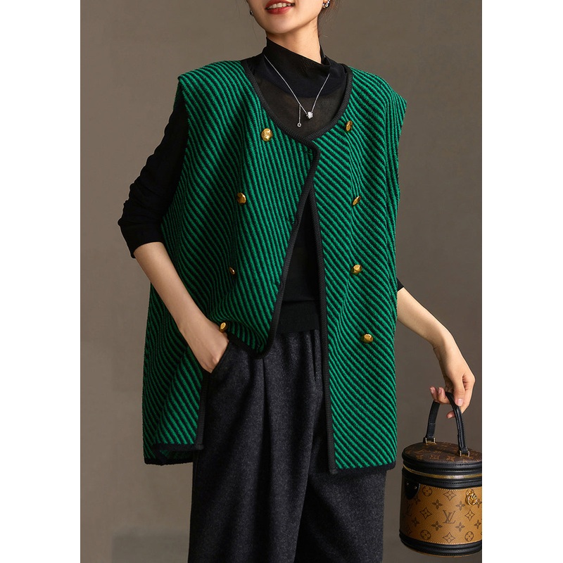 Loose Green Striped O Neck Button Knit Waistcoat Sleeveless