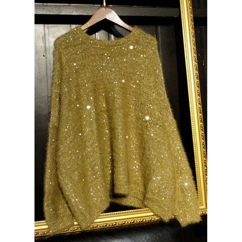 Loose Yellow O Neck Sequins Low High Design Knit Top Long Sleeve