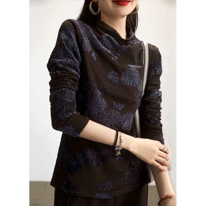 Plus Size Coffee Turtleneck Patchwork Warm Fleece Blouses Spring