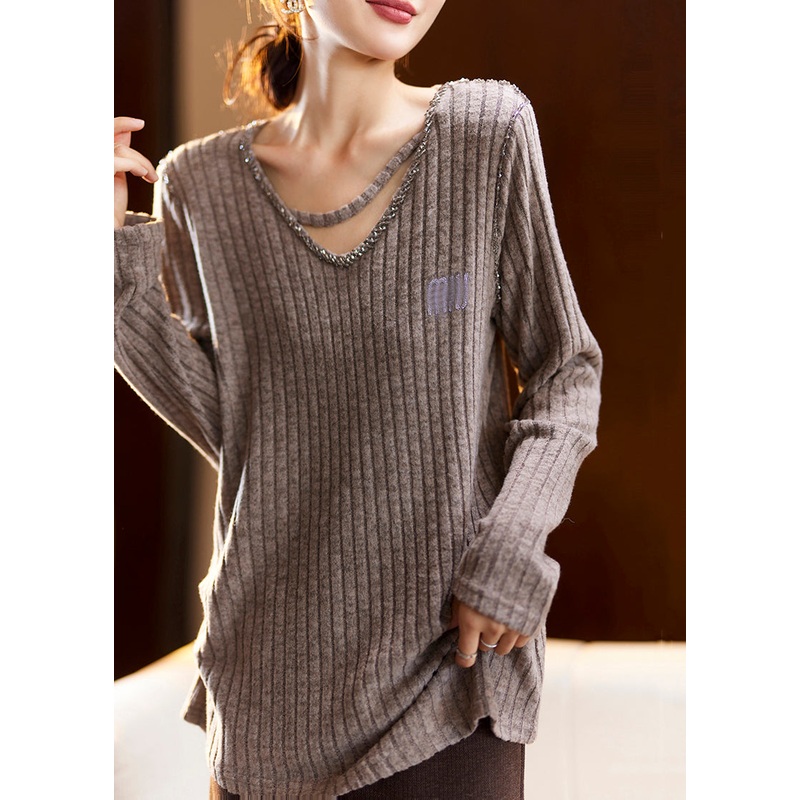 Plus Size Coffee V Neck Nail Bead Patchwork Knit Top Spring