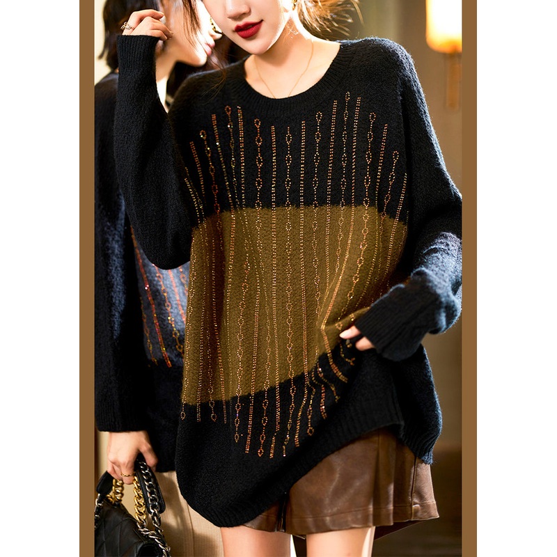 Plus Size Green Zircon Patchwork Cotton Knit Sweaters Long Sleeve