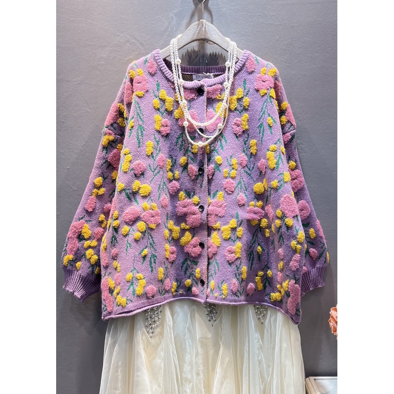 Plus Size Purple Floral Button Knit Coats Long Sleeve