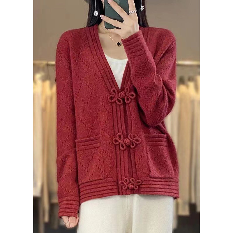 Red Hollow Out Pockets Wool Coats V Neck Long Sleeve