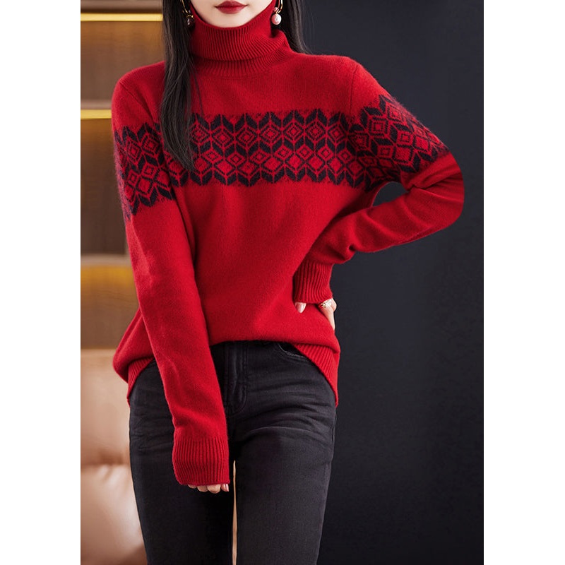 Red Patchwork Cozy Cotton Knit Sweaters Turtleneck Winter