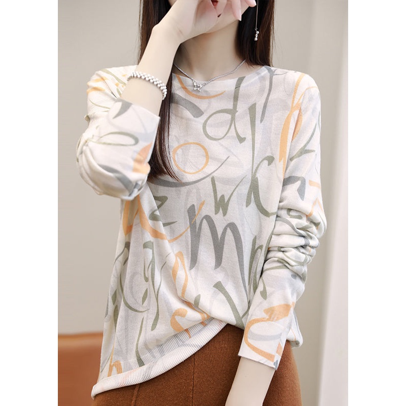 Simple Graphic O Neck Print Silk Cotton Top Spring