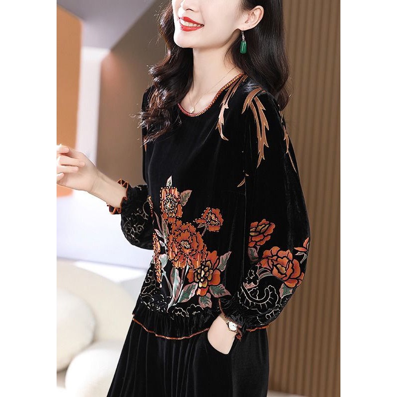 Women Black O Neck Ruffled Print Silk Velour Tops Long Sleeve