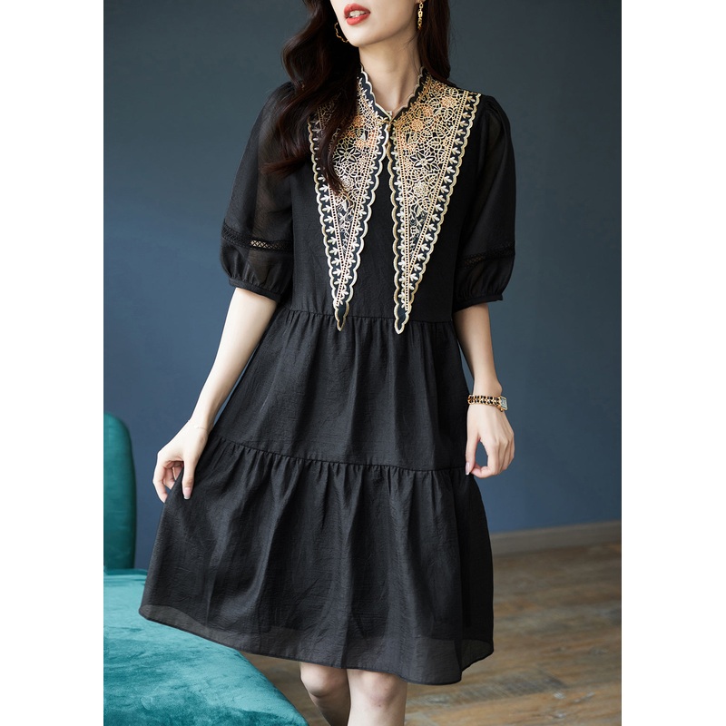 Women Black Patchwork Cotton Mid Dress Puff Sleeve