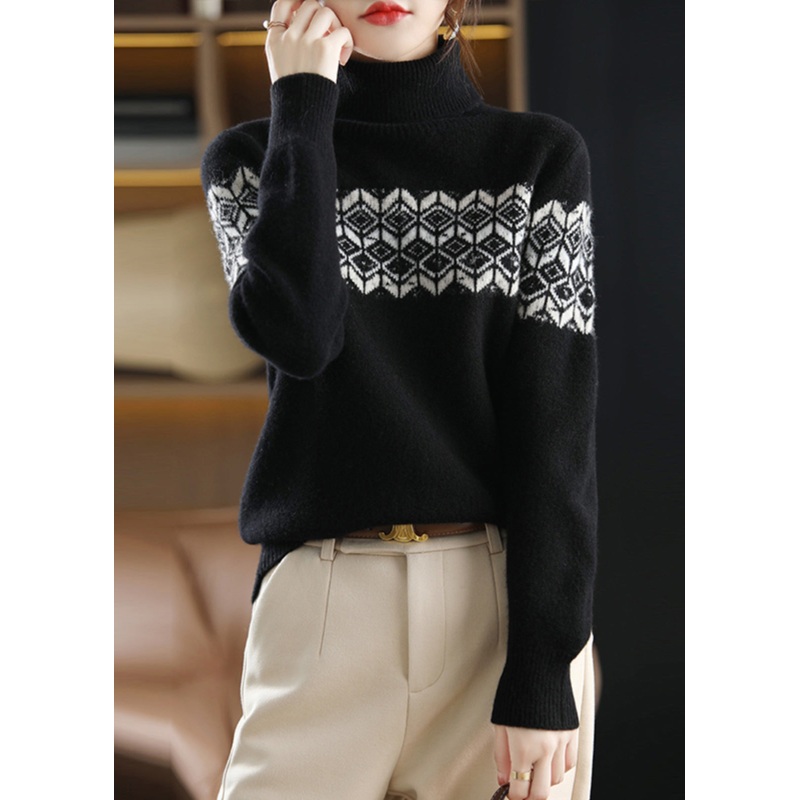 Women Black Solid Turtleneck Cotton Knit Top Long Sleeve