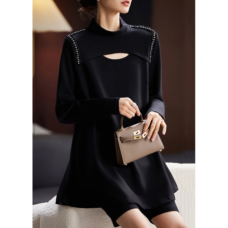 Women Black Zircon Hollow Out Cotton T Shirts Long Sleeve