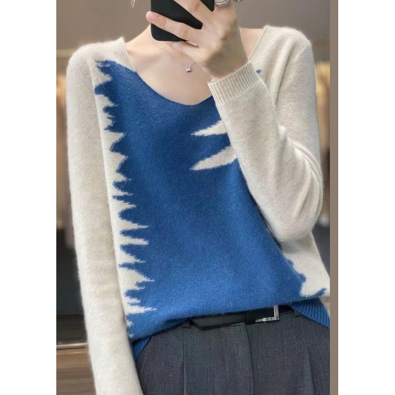 Women Blue V Neck Patchwork Cozy Top Long Sleeve