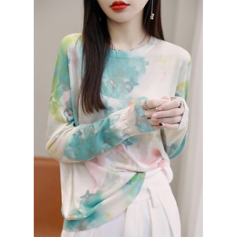 Women Green O Neck Print Silk Cotton T Shirt Spring