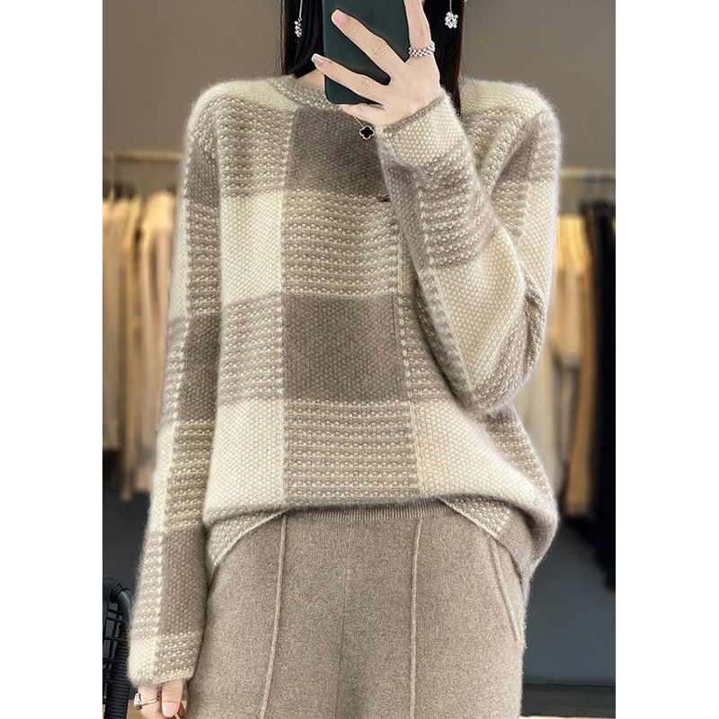 Women Grey Plaid O Neck Cozy Sweaters Long Sleeve