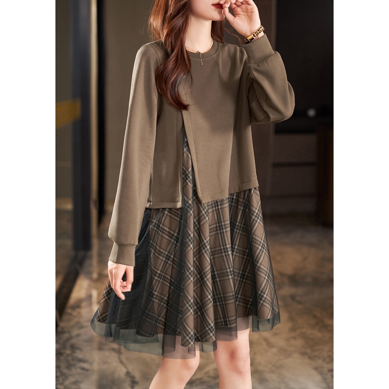 Women Khaki Side Open Patchwork Cotton Fake Two Piece Dress Spring