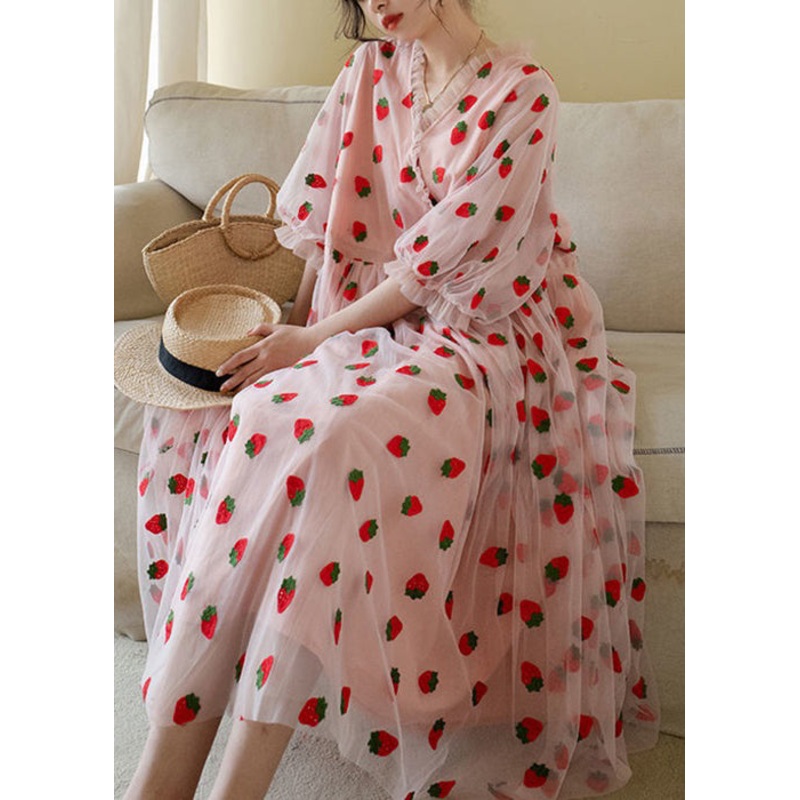 Art Pink Ruffled Print Patchwork Tulle Long Dress Half Sleeve