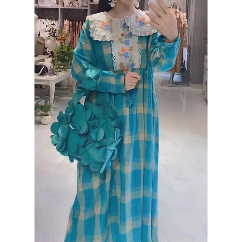 Beautiful Blue Plaid Embroidered Patchwork Cotton Dress Spring