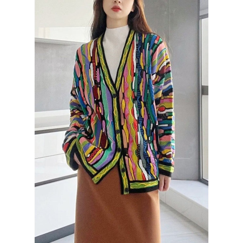 Beautiful Rainbow V Neck Button Cotton Knit Cardigan Long Sleeve