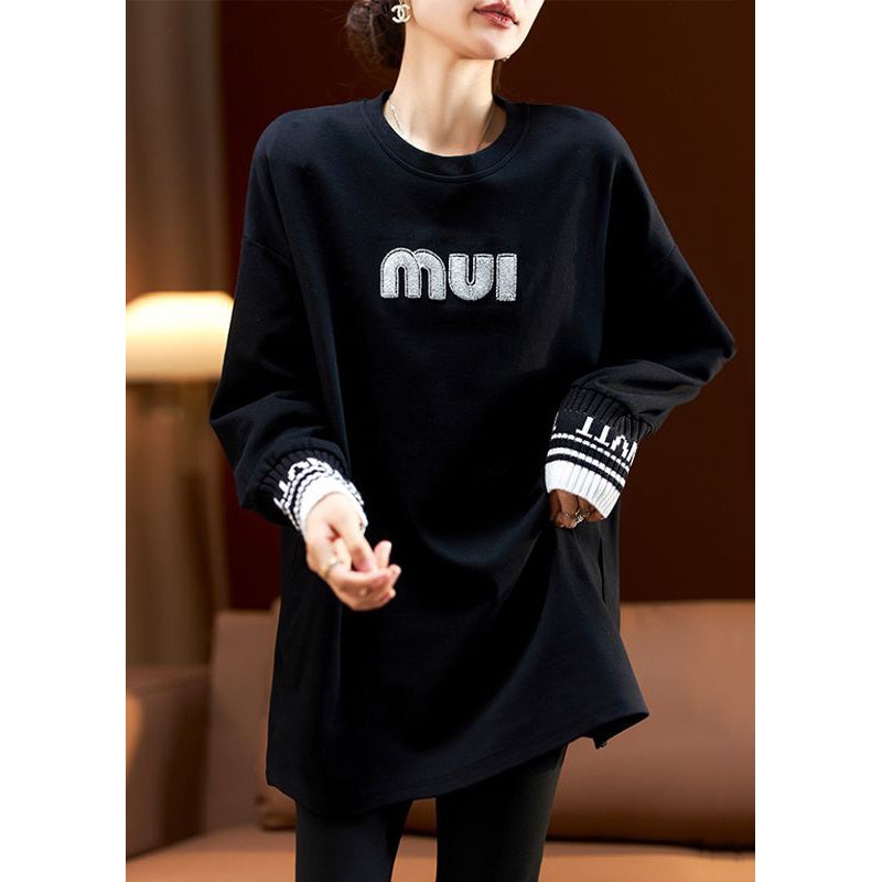 Black Patchwork Cotton Pullover Top O Neck Long Sleeve