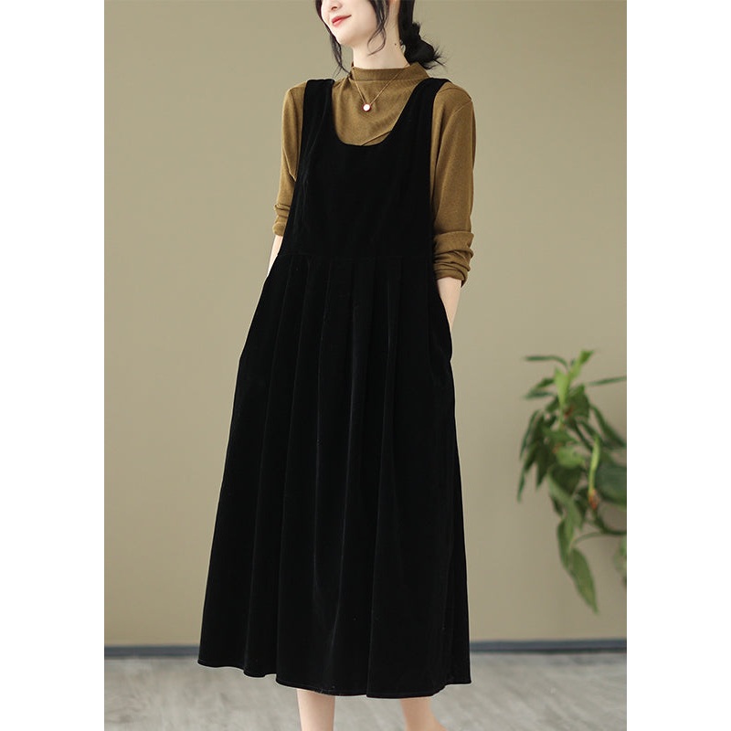 Black Pockets Wrinkled Velour Strap Dress U Neck Bow Spring