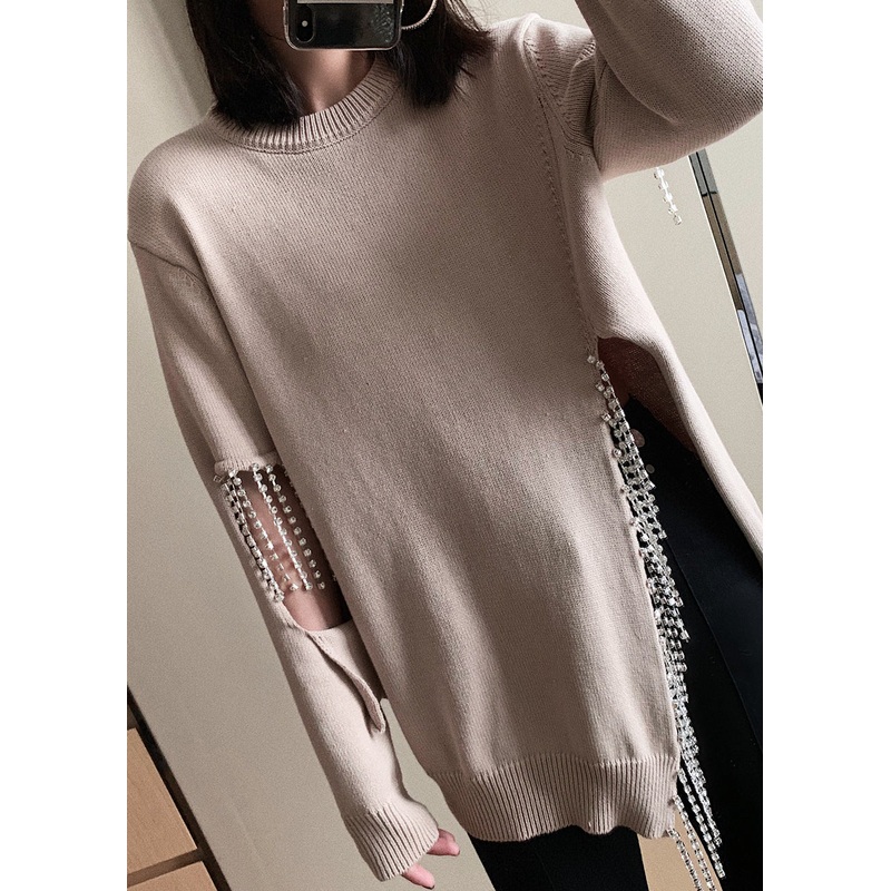 Camel Zircon Side Open Cotton Knit Sweaters O Neck Spring