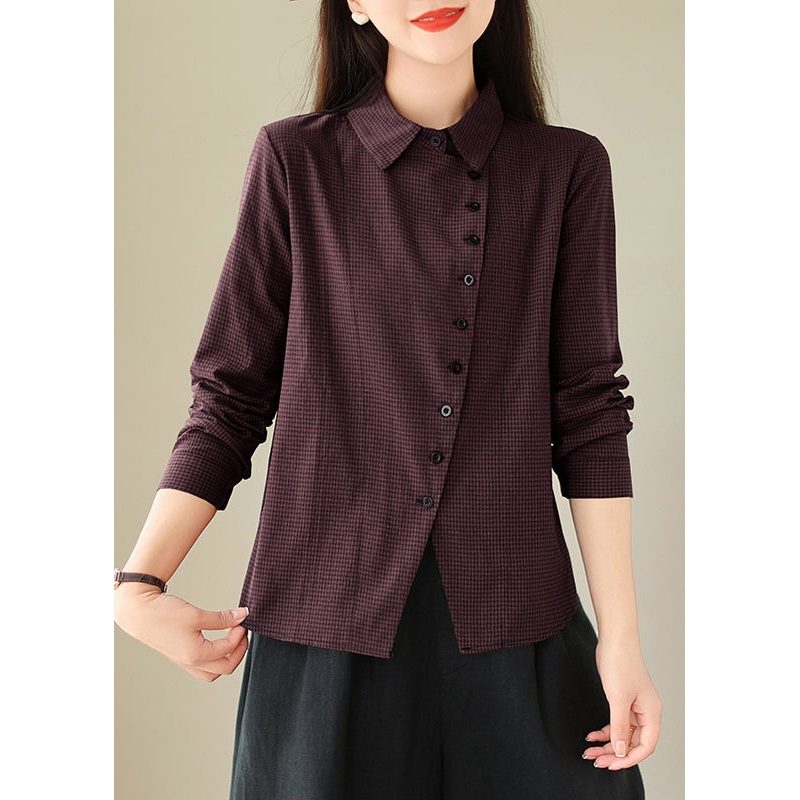 Casual Dull Red Peter Pan Collar Plaid Button Cotton Shirt Spring