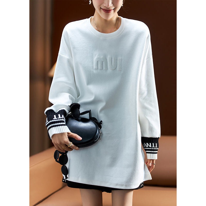Casual White Letter Side Open Cotton Sweatshirt Spring