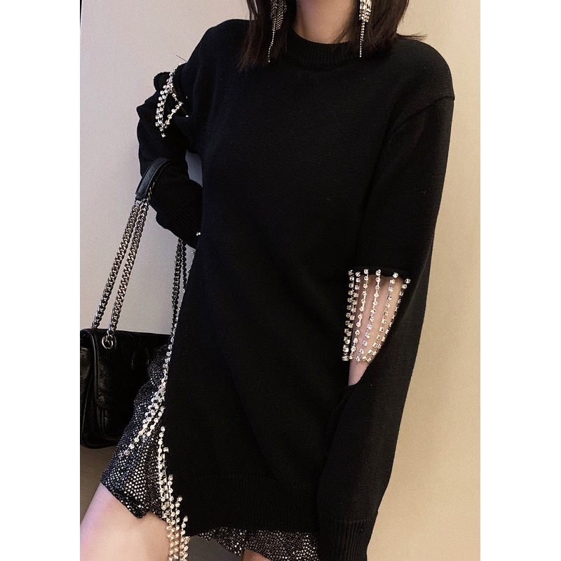 Chic Black Tasseled Hole Patchwork Cotton Knit Sweaters Long Sleeve