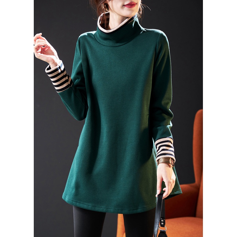 Chic Blackish Green High Neck Patchwork Cotton Pullover Sweatshirt Spring