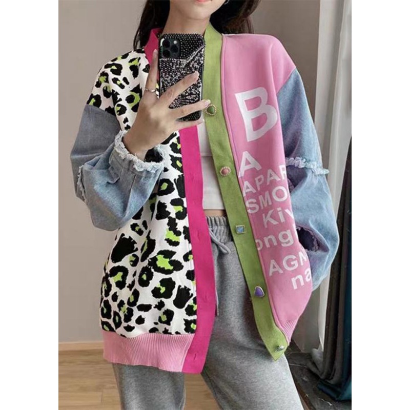 Chic Pink V Neck Print Denim Patchwork Knit Cardigan Spring