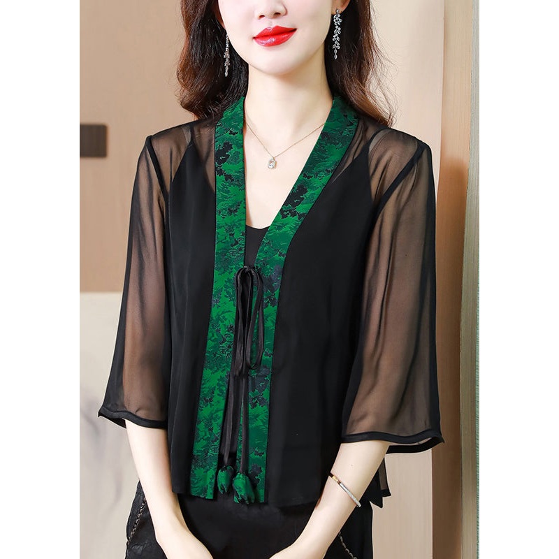 Chinese Style Green V Neck Lace Up Patchwork Silk Cardigan Summer