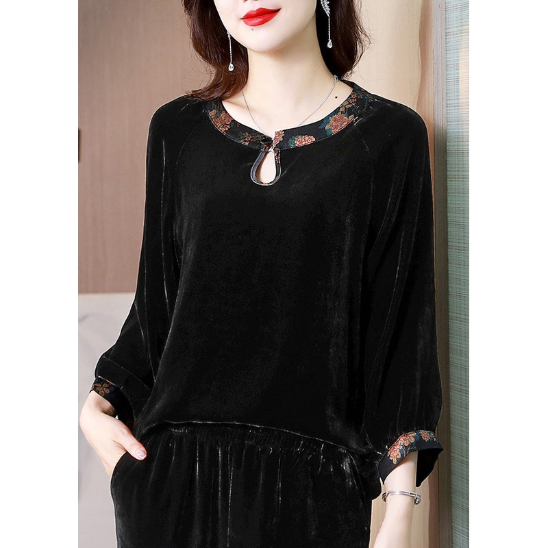 Classy Black O Neck Print Patchwork Silk Velour Shirt Spring
