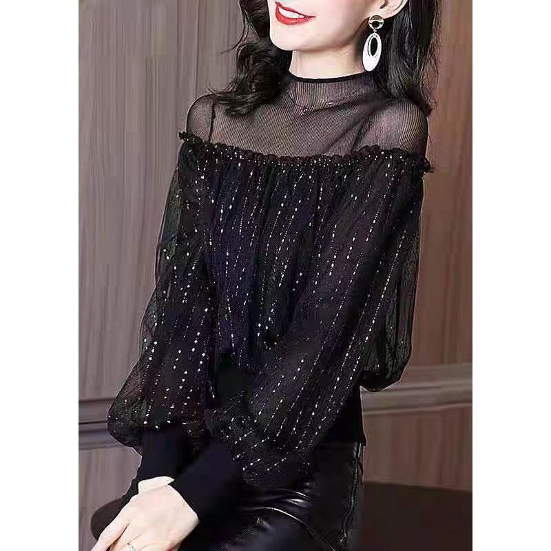 Classy Black Ruffled Patchwork Tulle Top Lantern Sleeve