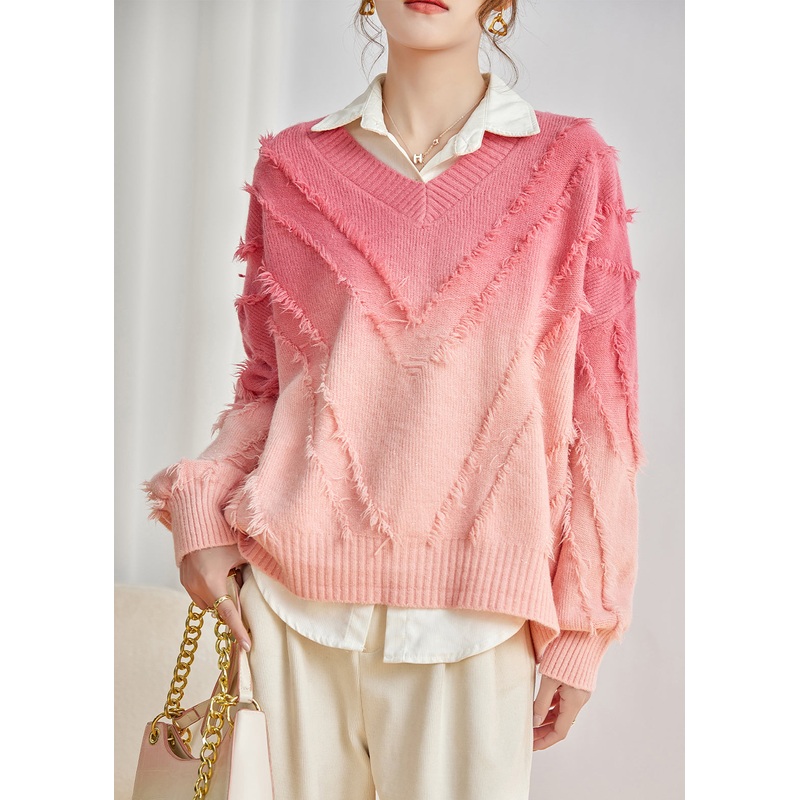 Fashion Pink V Neck Gradient Tasseled Knit Sweater Top Spring