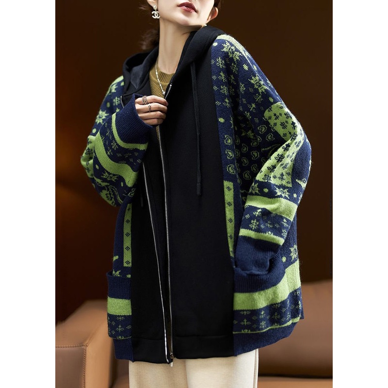 French Navy Hooded Zippered Patchwork Warm Fleece Coats Long Sleeve