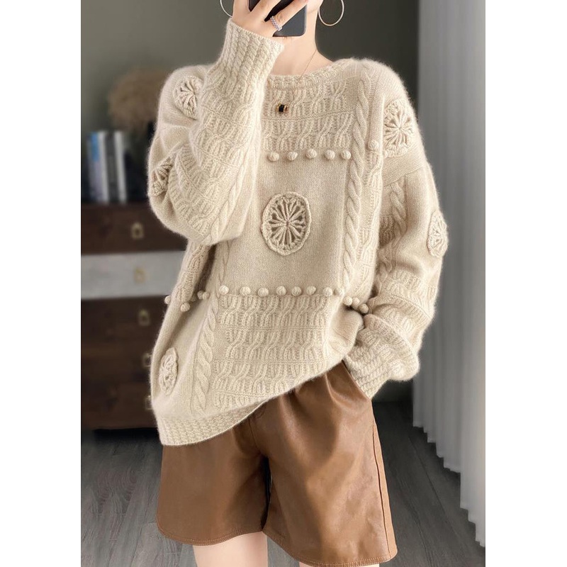 Loose Beige O-Neck Hollow Out Cotton Knit Sweater Long Sleeve