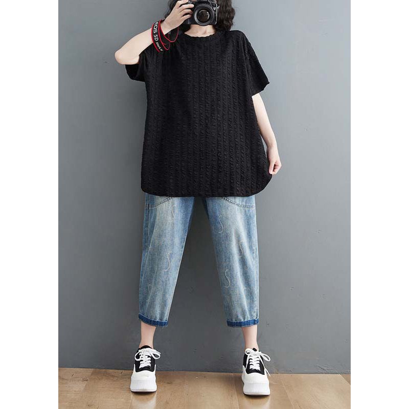 Loose Black Wrinkled Side Open Cotton T Shirt Top Summer