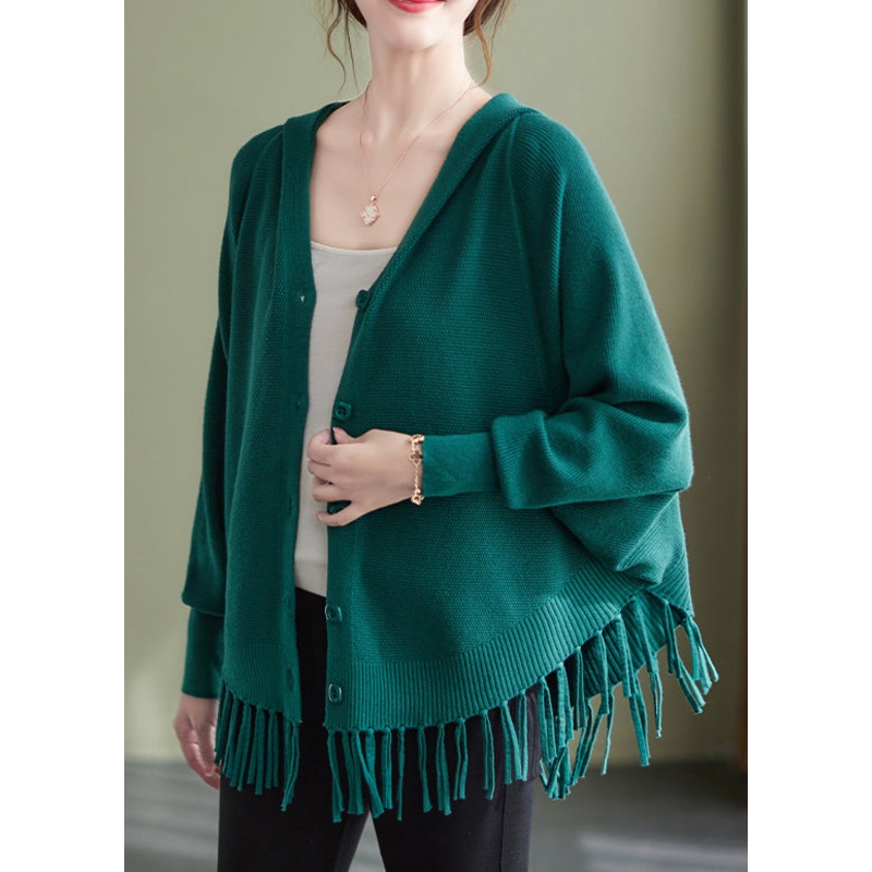 Loose Blackish Green Tasseled Button Hooded Knit Coat Spring