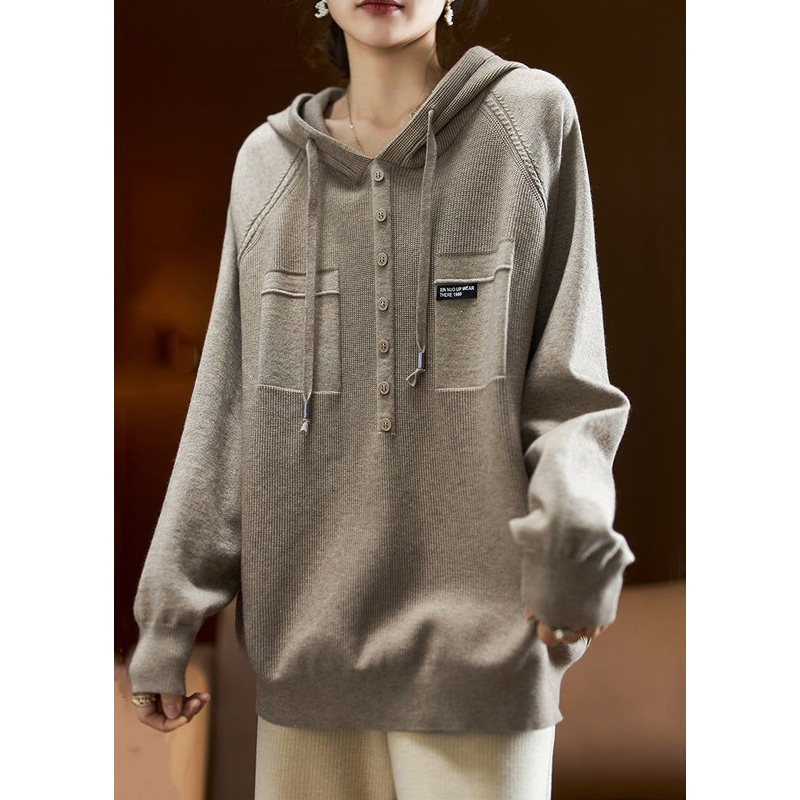 Loose Khaki Hooded Lace Up Cotton Knit Top Long Sleeve