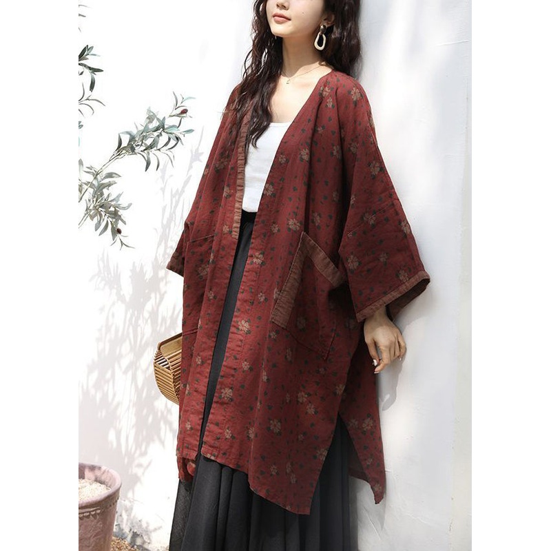 Loose Red Print Pockets Side Open Linen Cardigan Long Sleeve