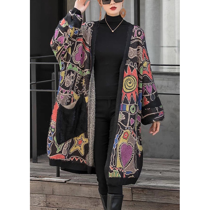 Loose V Neck Print Pockets Cotton Knit Long Cardigan Long Sleeve