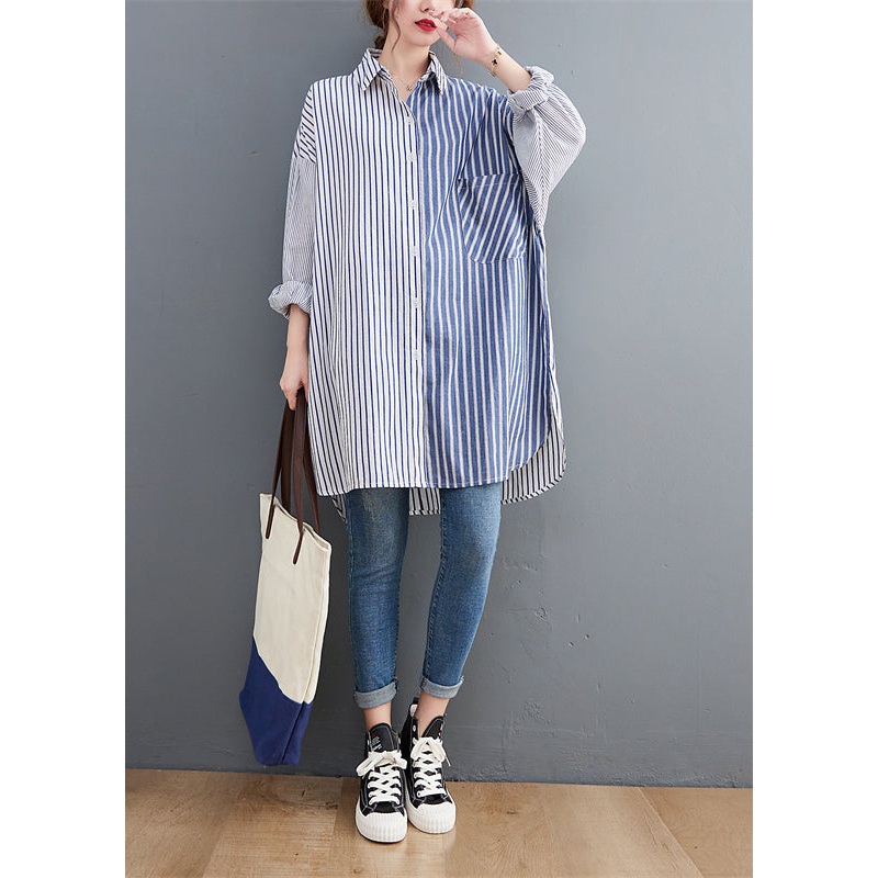 Oversized Colorblock Peter Pan Collar Striped Cotton Shirts Spring