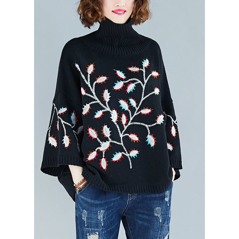 Plus Size Black Hign Neck Embroideried Knit Short Sweater Spring