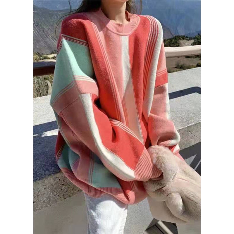 Plus Size Rainbow O Neck Patchwork Cozy Cotton Knit Sweaters Spring