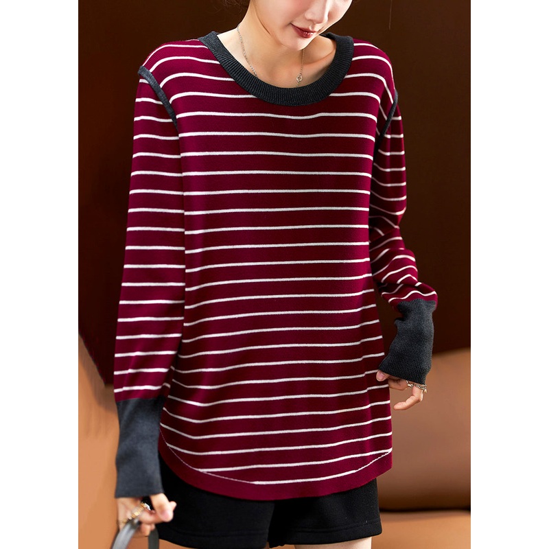 Plus Size Wine Red Striped Patchwork Cotton Knit Tops Spring