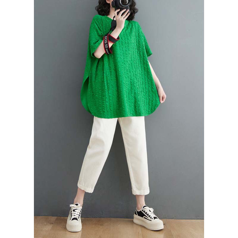 Simple Green O Neck Side Open Cotton T Shirt Tops Summer